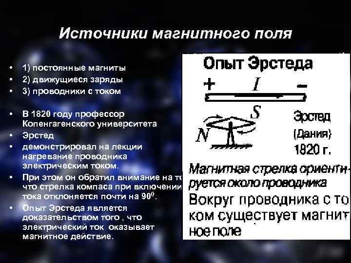 Источники магнитного поля • • • 1) постоянные магниты 2) движущиеся заряды 3) проводники