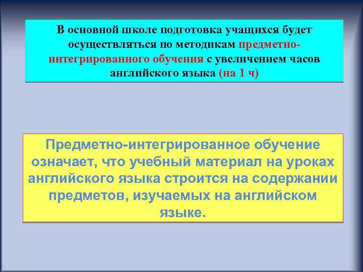 В основной школе подготовка учащихся будет осуществляться по методикам предметноинтегрированного обучения с увеличением часов