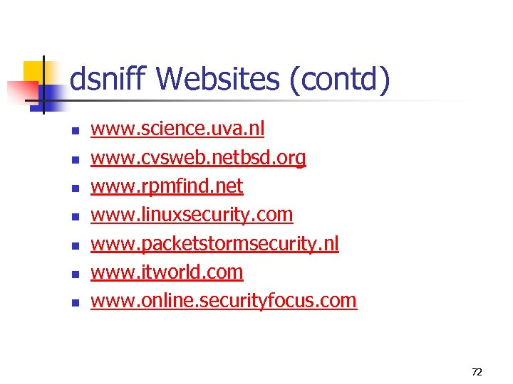 dsniff Websites (contd) n n n n www. science. uva. nl www. cvsweb. netbsd.