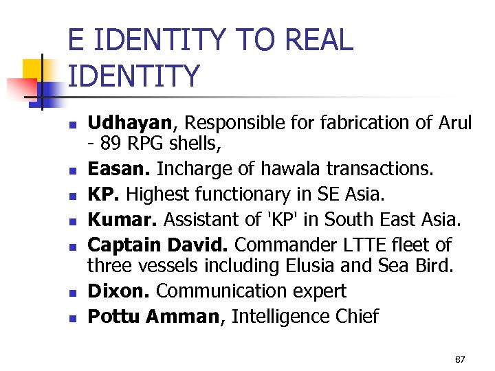 E IDENTITY TO REAL IDENTITY n n n n Udhayan, Responsible for fabrication of