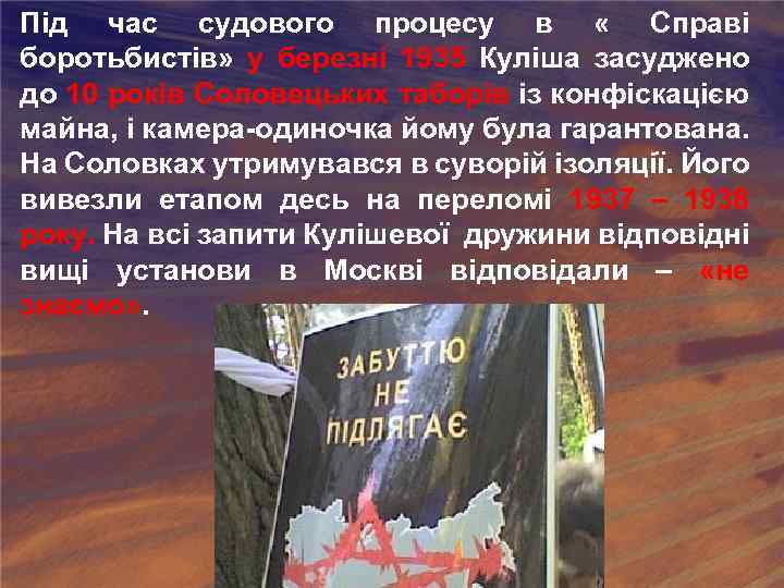 Під час судового процесу в « Справі боротьбистів» у березні 1935 Куліша засуджено до