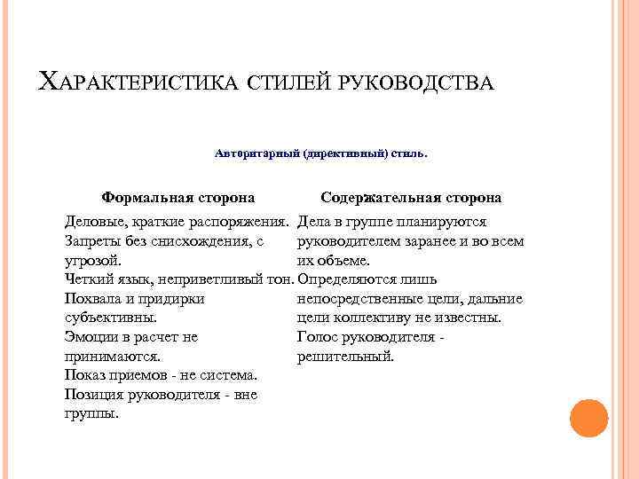 ХАРАКТЕРИСТИКА СТИЛЕЙ РУКОВОДСТВА Авторитарный (директивный) стиль. Формальная сторона Содержательная сторона Деловые, краткие распоряжения. Дела