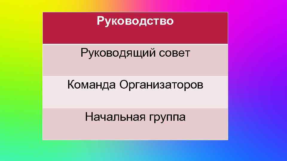 Руководство Руководящий совет Команда Организаторов Начальная группа 