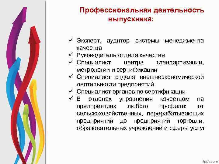 Профессиональная деятельность выпускника: ü Эксперт, аудитор системы менеджмента качества ü Руководитель отдела качества ü
