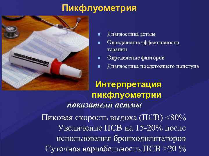 Пикфлуометрия n n Диагностика астмы Определение эффективности терапии Определение факторов Диагностика предстоящего приступа Интерпретация