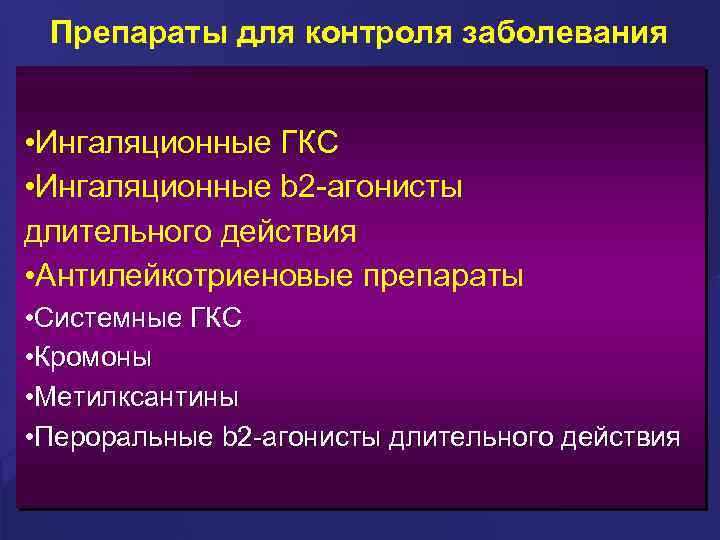 Препараты для контроля заболевания • Ингаляционные ГКС • Ингаляционные b 2 -агонисты длительного действия