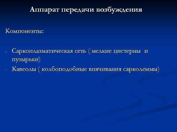 Аппарат передачи возбуждения Компоненты: - - Саркоплазматическая сеть ( мелкие цистерны и пузырьки) Кавеолы