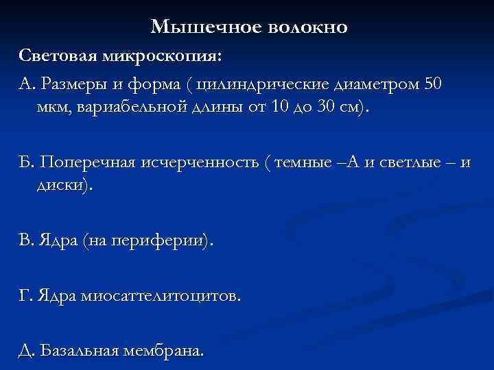 Мышечное волокно Световая микроскопия: А. Размеры и форма ( цилиндрические диаметром 50 мкм, вариабельной