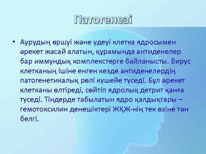 Патогенезі • Аурудың өршуі және үдеуі клетка ядросымен әрекет жасай алатын, құрамында антиденелер бар