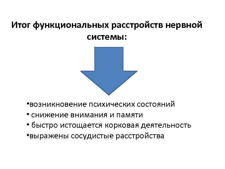 Итог функциональных расстройств нервной системы: • возникновение психических состояний • снижение внимания и памяти