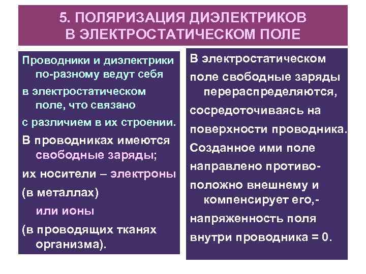 5. ПОЛЯРИЗАЦИЯ ДИЭЛЕКТРИКОВ В ЭЛЕКТРОСТАТИЧЕСКОМ ПОЛЕ Проводники и диэлектрики по-разному ведут себя в электростатическом