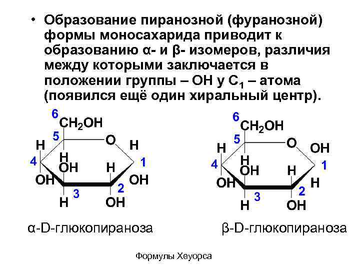  • Образование пиранозной (фуранозной) формы моносахарида приводит к образованию α- и β- изомеров,