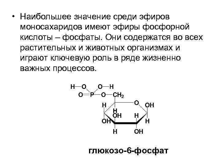  • Наибольшее значение среди эфиров моносахаридов имеют эфиры фосфорной кислоты – фосфаты. Они