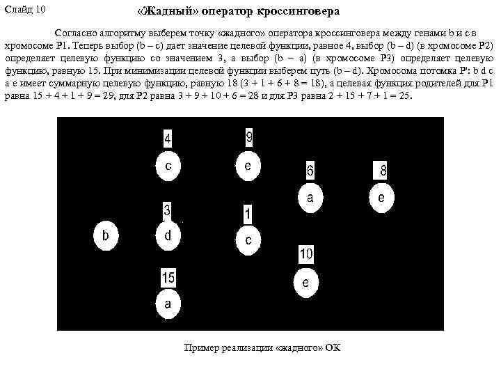 Слайд 10 «Жадный» оператор кроссинговера Согласно алгоритму выберем точку «жадного» оператора кроссинговера между генами