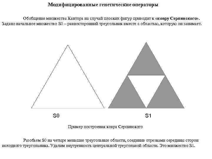 Модифицированные генетические операторы Обобщение множества Кантора на случай плоских фигур приводит к «ковру Серпинского»