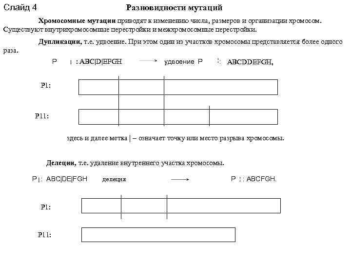 Слайд 4 Разновидности мутаций Хромосомные мутации приводят к изменению числа, размеров и организации хромосом.