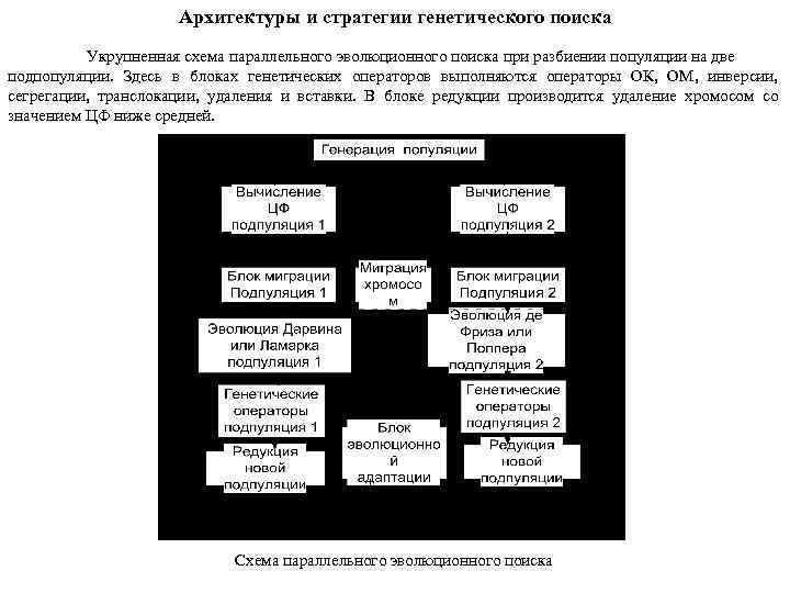 Архитектуры и стратегии генетического поиска Укрупненная схема параллельного эволюционного поиска при разбиении популяции на