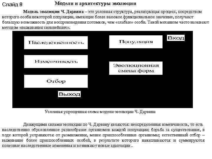 Слайд 8 Модели и архитектуры эволюции Модель эволюции Ч. Дарвина – это условная структура,