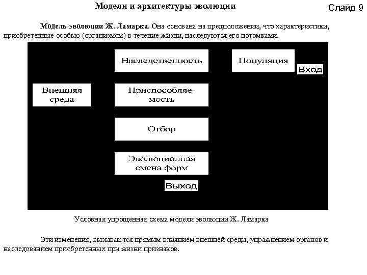 Модели и архитектуры эволюции Слайд 9 Модель эволюции Ж. Ламарка. Она основана на предположении,