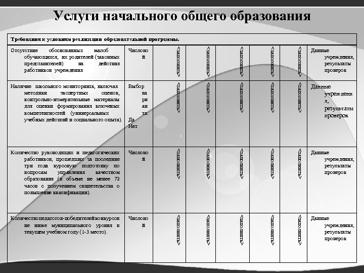 Услуги начального общего образования Требования к условиям реализации образовательной программы. Отсутствие обоснованных жалоб обучающихся,