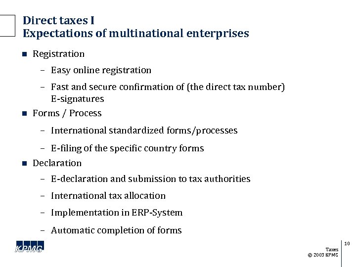 Direct taxes I Expectations of multinational enterprises n Registration – Easy online registration n