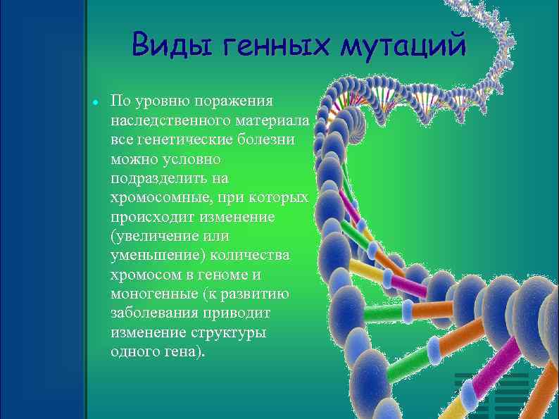 Виды генных мутаций По уровню поражения наследственного материала все генетические болезни можно условно подразделить