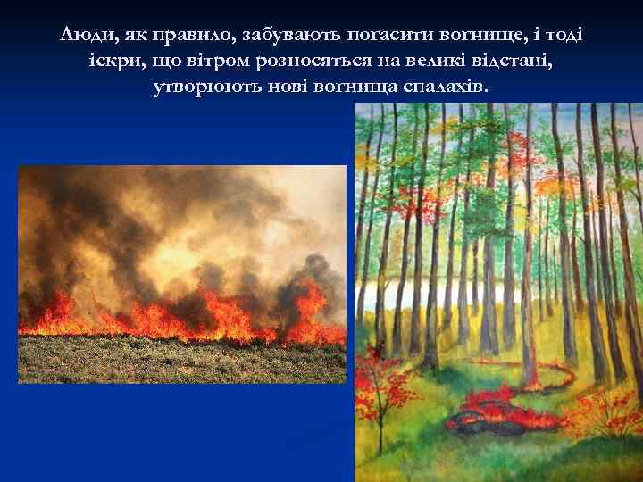 Люди, як правило, забувають погасити вогнище, і тоді іскри, що вітром розносяться на великі