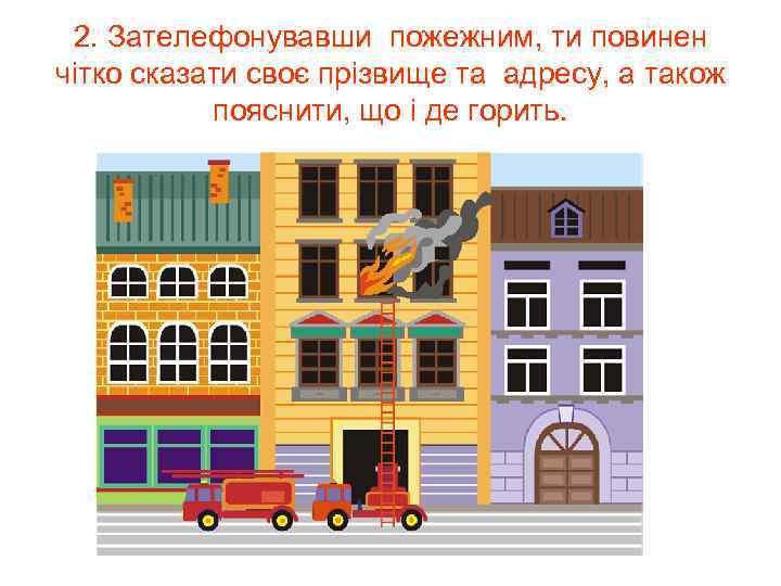 2. Зателефонувавши пожежним, ти повинен чітко сказати своє прізвище та адресу, а також пояснити,