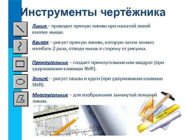 Инструменты чертёжника Линия – проводит прямую линию при нажатой левой кнопке мыши. Кривая –