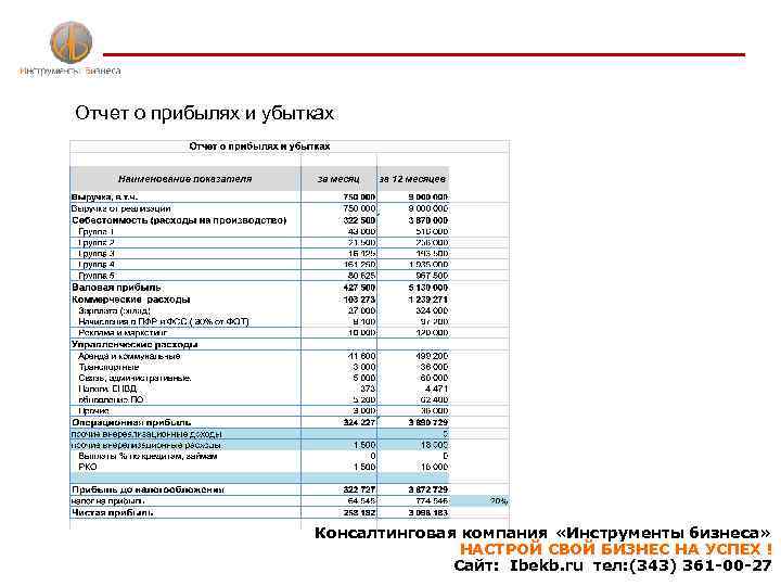 Отчет о прибылях и убытках Консалтинговая компания «Инструменты бизнеса» НАСТРОЙ СВОЙ БИЗНЕС НА УСПЕХ