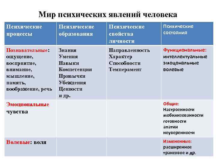 Мир психических явлений человека Психические процессы Психические образования Психические свойства личности Психические состояния Познавательные: