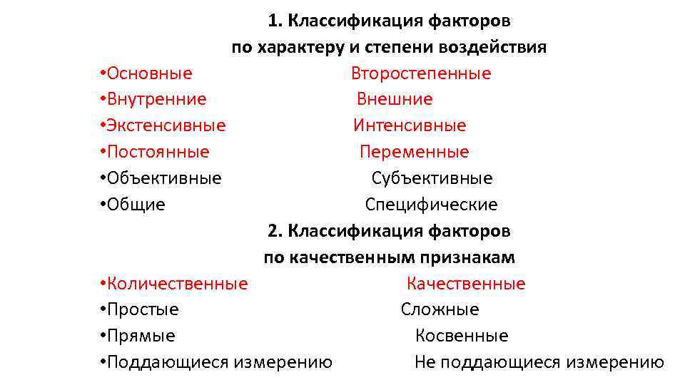 1. Классификация факторов по характеру и степени воздействия • Основные Второстепенные • Внутренние Внешние