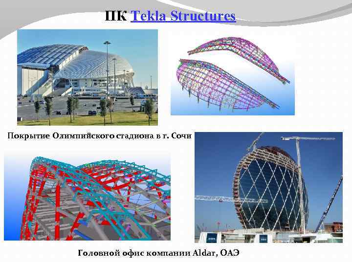 ПК Tekla Structures Покрытие Олимпийского стадиона в г. Сочи Головной офис компании Aldar, ОАЭ