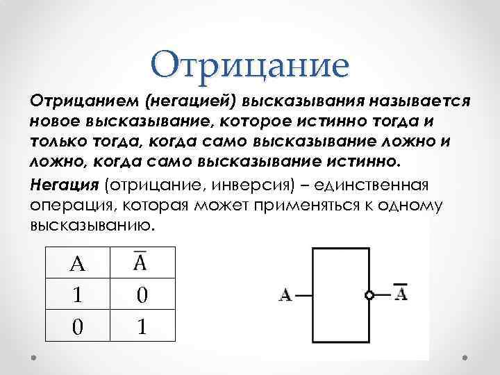 Отрицанием (негацией) высказывания называется новое высказывание, которое истинно тогда и только тогда, когда само