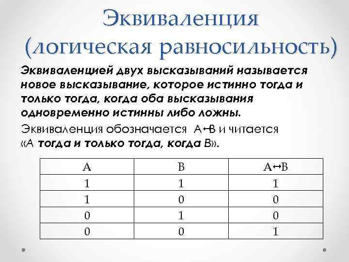 Эквиваленция (логическая равносильность) Эквиваленцией двух высказываний называется новое высказывание, которое истинно тогда и только