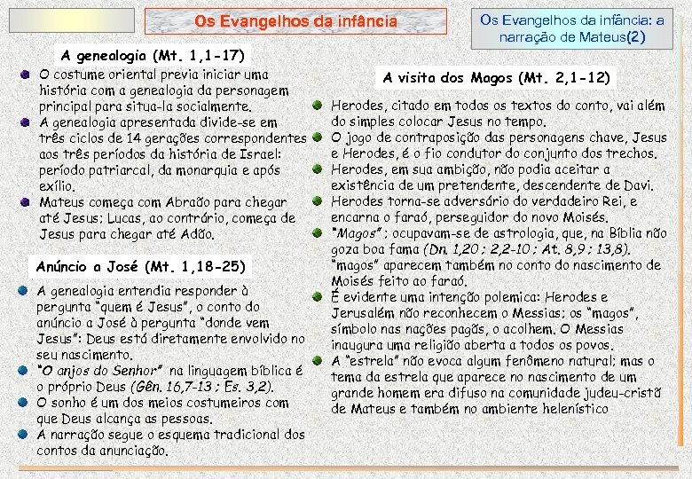 Os Evangelhos da infância A genealogia (Mt. 1, 1 -17) O costume oriental previa