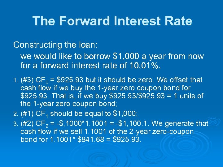 The Forward Interest Rate Constructing the loan: we would like to borrow $1, 000