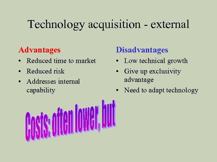 Technology acquisition - external Advantages Disadvantages • Reduced time to market • Reduced risk