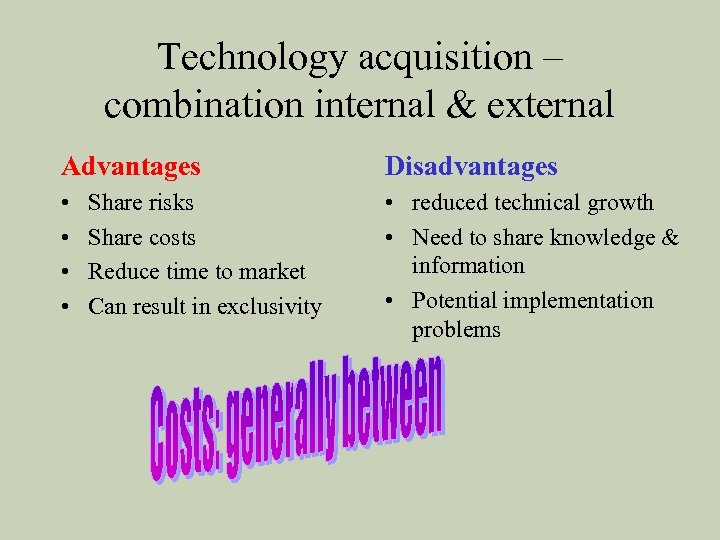 Technology acquisition – combination internal & external Advantages Disadvantages • • • reduced technical
