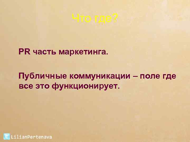 Что где? PR часть маркетинга. Публичные коммуникации – поле где все это функционирует. 