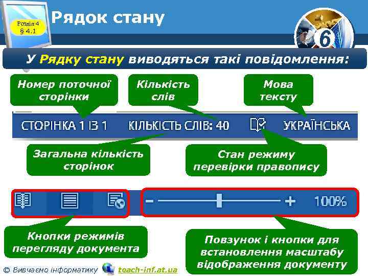 Розділ 4 § 4. 1 Рядок стану 6 У Рядку стану виводяться такі повідомлення: