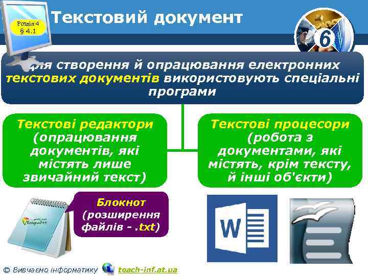 Розділ 4 § 4. 1 Текстовий документ 6 Для створення й опрацювання електронних текстових
