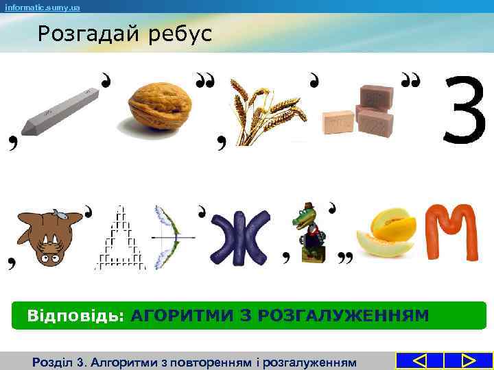 informatic. sumy. ua Розгадай ребус Відповідь: АГОРИТМИ З РОЗГАЛУЖЕННЯМ Розділ 3. Алгоритми з повторенням