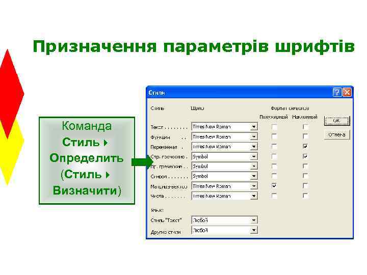 Призначення параметрів шрифтів Команда Стиль4 Определить (Стиль4 Визначити) 