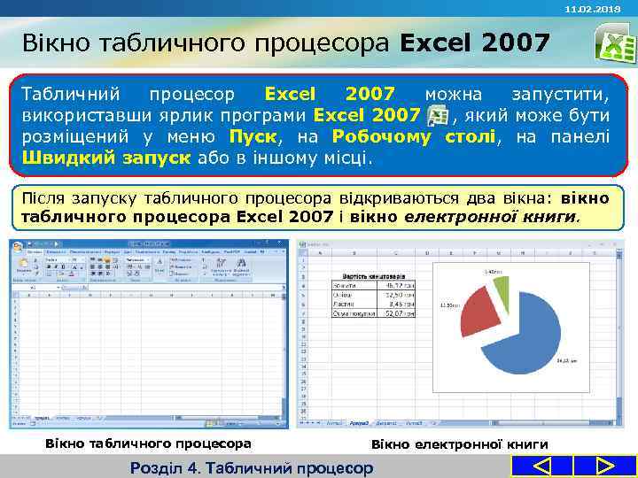 11. 02. 2018 Вікно табличного процесора Excel 2007 Табличний процесор Excel 2007 можна запустити,