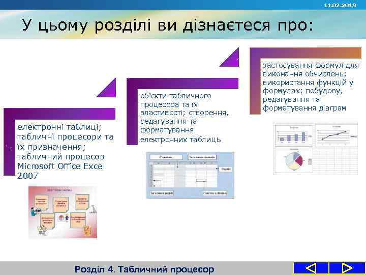 11. 02. 2018 У цьому розділі ви дізнаєтеся про: електронні таблиці; табличні процесори та