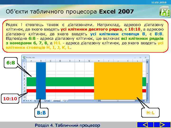 11. 02. 2018 Об’єкти табличного процесора Excel 2007 Рядок і стовпець також є діапазонами.