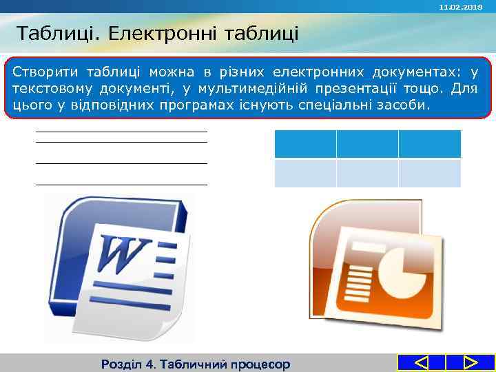 11. 02. 2018 Таблиці. Електронні таблиці Створити таблиці можна в різних електронних документах: у