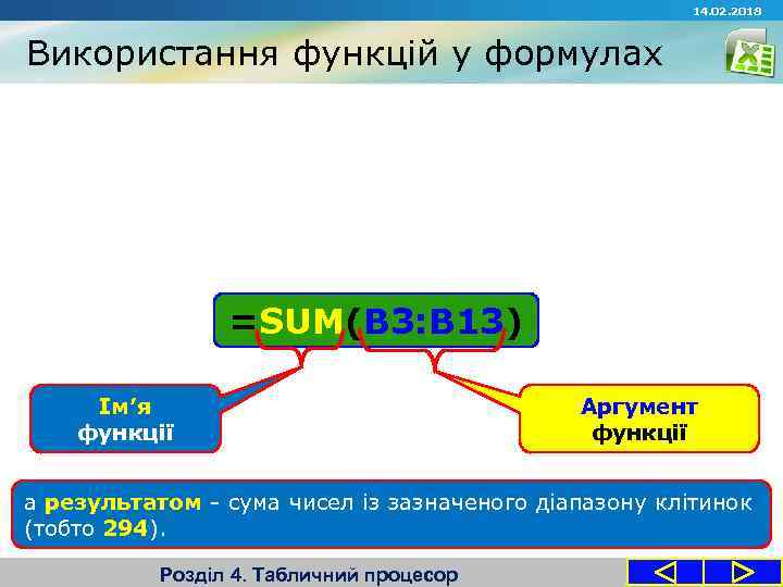 14. 02. 2018 Використання функцій у формулах =SUM(B 3: B 13) Ім’я функції Аргумент