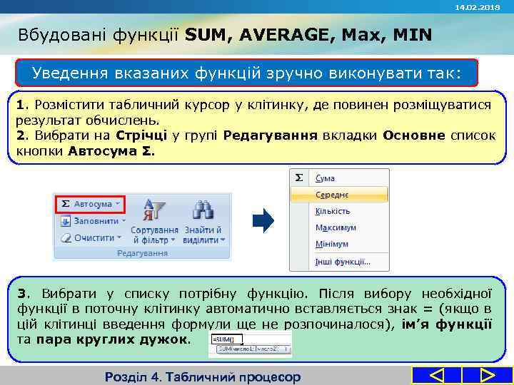 14. 02. 2018 Вбудовані функції SUM, AVERAGE, Max, MIN Уведення вказаних функцій зручно виконувати